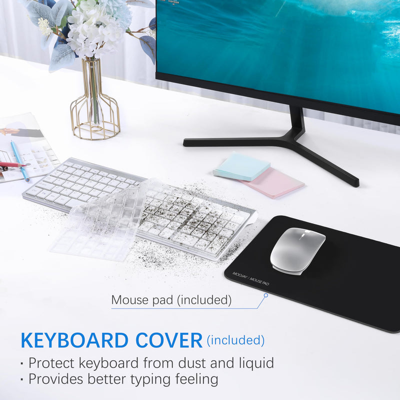 Wireless Keyboard and Mouse with Mouse Pad Ultra Slim Combo, MOOJAY 2.4G USB Quiet Compact Scissor Switch Keyboard Mice Set with Cover, 2 AA and 2 AAA Batteries, for Laptop/PC/Windows - Silver White