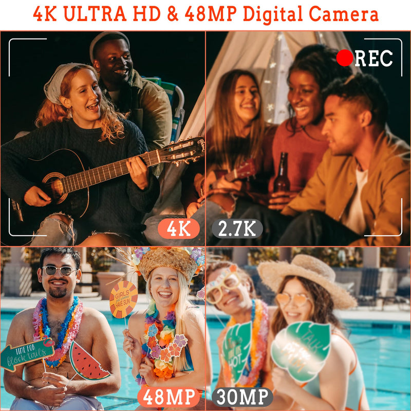 4K Digital Camera for Photography and Video: Autofocus 48MP Vlogging Camera with 32GB TF Card, 3'' 180° Flip Screen Compact Camera, 16X Digital Zoom Travel Camera (2 Batteries) for YouTube Black