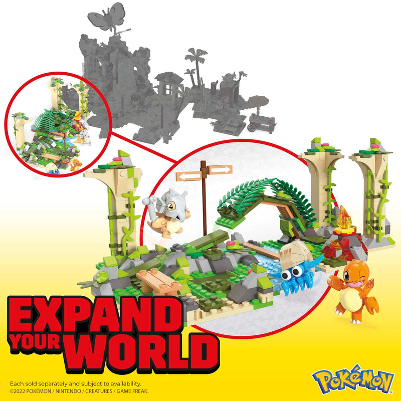 MEGA Pokémon Jungle Ruins building set, Cubone, Charmander and Omanyte figures, 464 compatible bricks and pieces connect with other worlds, toy gift set for boys and girls, ages 7 and up, HDL86