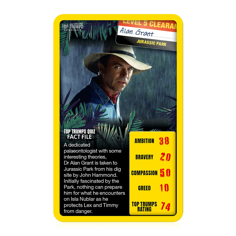 Top Trumps Jurassic Park Specials Card Game, journey through Isla Nublar and play with Dr Malcolm, Donald Gennaro, Eric Kirby and Alan Grant, educational gift and toy for boys and girls Aged 6 plus