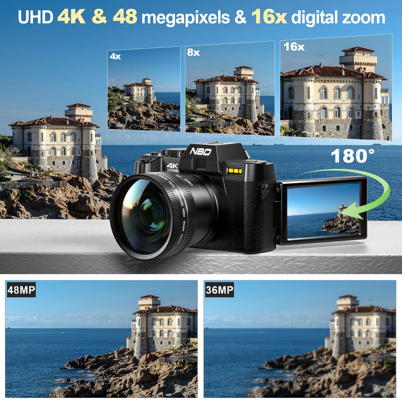 NBD 4K Digital Cameras for Photography - 48MP/60FPS Video Camera for Vlogging, WiFi & App Control, YouTube Vlogging Camera with 32GB TF Card. Wide-Angle & Macro Lens Included (Black)