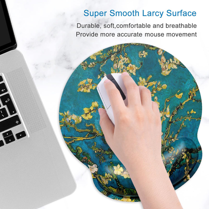 ITNRSIIET Mouse Pad and Coaster Set, Ergonomic Mouse Pad with Wrist Support, Non-Slip Rubber Base, Comfortable Memory Foam Wrist Rest Support and Lycra Cloth, Almond Blossom