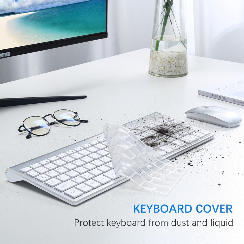 Wireless Keyboard and Mouse Ultra Slim Combo, TopMate 2.4G Silent Compact USB 2400DPI Mouse and Scissor Switch Keyboard Set with Cover, 2 AA and 2 AAA Batteries, for PC/Laptop/Windows/Mac-Silver White