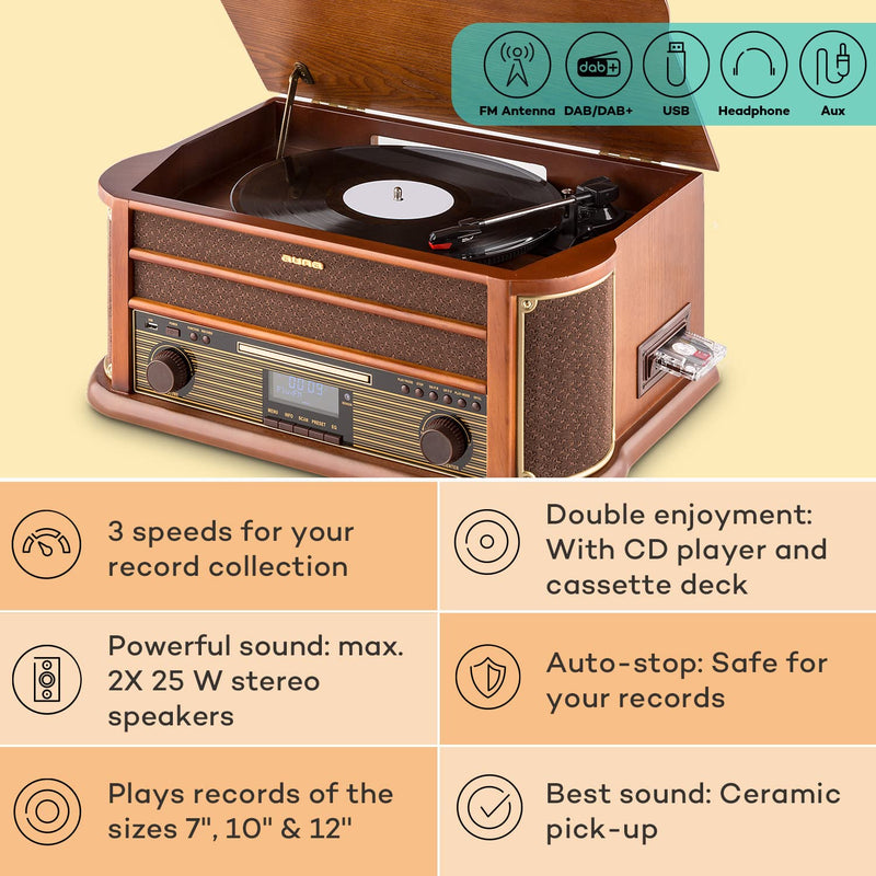 AUNA Belle Epoque 1908 - Retro Record Player, Vinyl Player with Stereo, Turntable, Belt Drive, Stereo Speakers, Radio Tuner, VHF Receiver, USB Slot, CD Player, Cassette Deck, Bluetooth, Brown