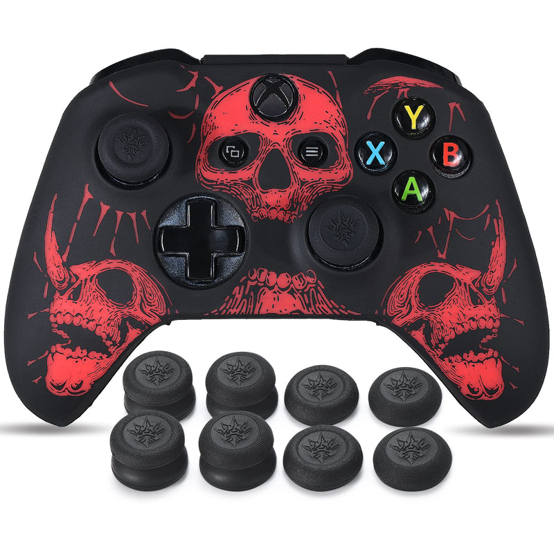 YoRHa Laser Carving Silicone Skin for Xbox One S/X Controller x 1(Red) with Pro Thumb Grips x 8