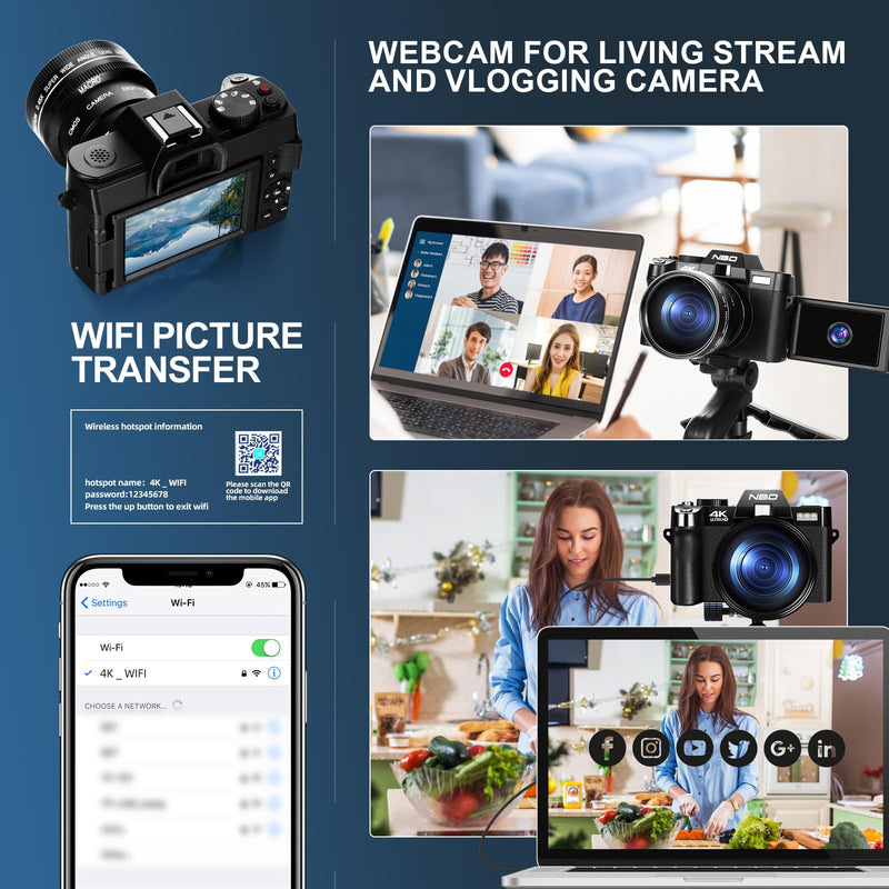 NBD 4K Digital Cameras for Photography - 48MP/60FPS Video Camera for Vlogging, WiFi & App Control, YouTube Vlogging Camera with 32GB TF Card. Wide-Angle & Macro Lens Included (Black)