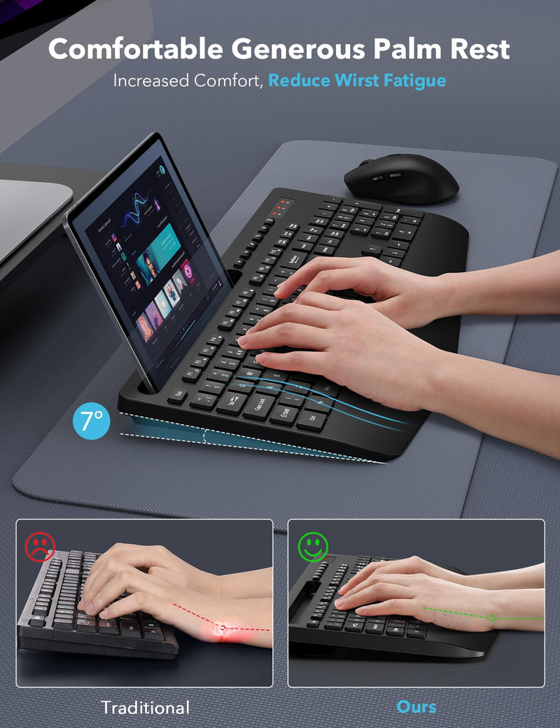 Wireless Keyboard and Mouse Combo, Full-Size Ergonomic Keyboard with Wrist Rest, Phone Holder, Sleep Mode, Silent 2.4GHz Cordless Keyboard Mouse Set for Computer, Laptop, PC, Mac, Windows -SABLUTE