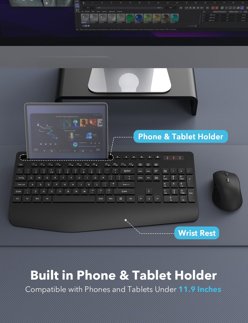 Wireless Keyboard and Mouse Combo, Full-Size Ergonomic Keyboard with Wrist Rest, Phone Holder, Sleep Mode, Silent 2.4GHz Cordless Keyboard Mouse Set for Computer, Laptop, PC, Mac, Windows -SABLUTE