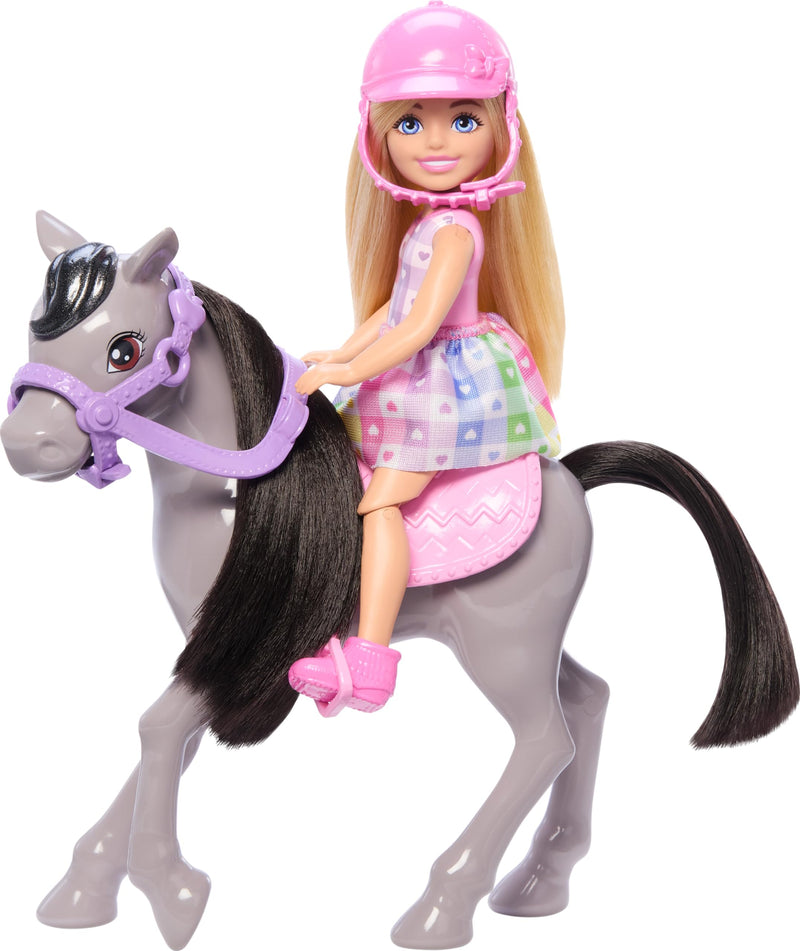 Barbie Chelsea Doll & Horse Toy Set, Includes Helmet Accessory & Saddle, Doll Bends at Knees to “Ride” Gray Pony, HTK29