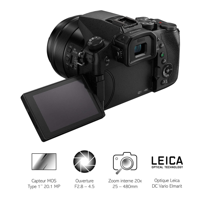 Panasonic Lumix FZ2000 | Bridge Expert Camera (1'' 20MP Sensor, Leica Zoom 20x F2.8-4.5, OLED Viewfinder, Adjustable Touch Screen, 4K Unlimited Video, Stabilisation) Black – French Version