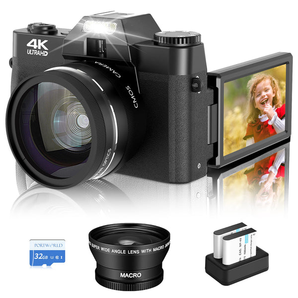 4K Digital Camera for Photography and Video: Autofocus 48MP Vlogging Camera with 32GB TF Card, 3'' 180° Flip Screen Compact Camera, 16X Digital Zoom Travel Camera (2 Batteries) for YouTube Black