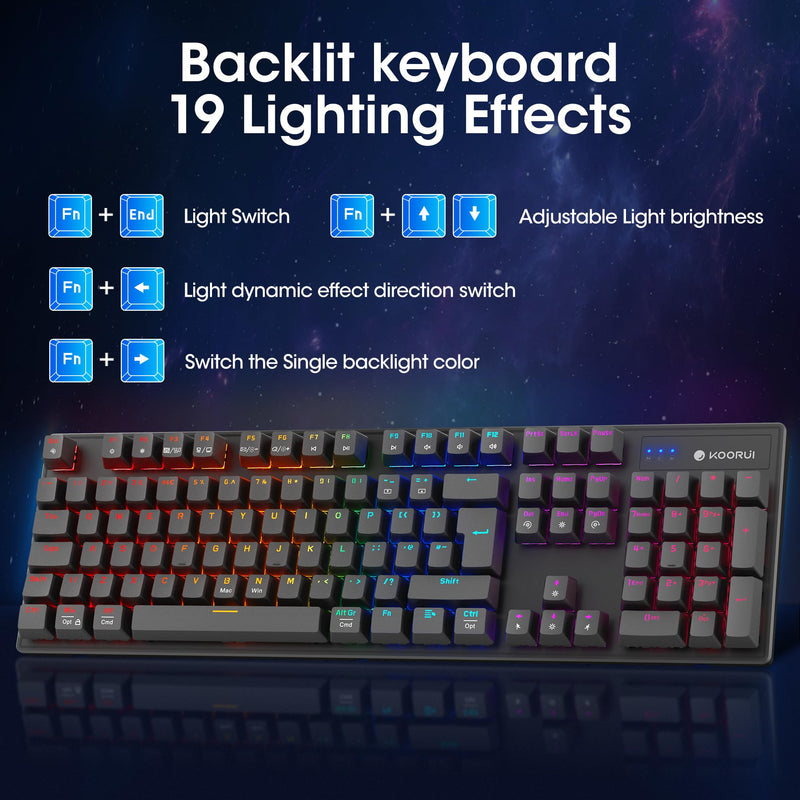 KOORUI Wired Gaming Keyboard and Mouse Combo, Full-Sized 104 Keys Machanical Computer Keyboard with Ergonomic Design and Optical Wired Mouse for Windows Laptop PC/Mac OS/Xbox-Blue Switch