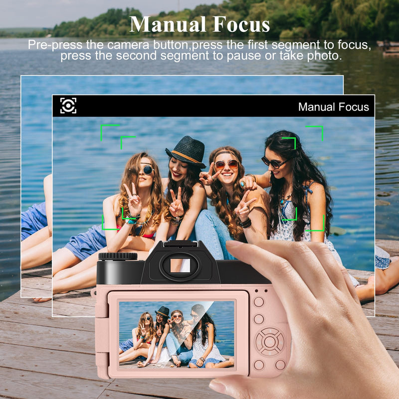 Digital Camera, LAMA 4K 48MP Autofocus Vlogging Camera, Compact Camera with 3.0 Inch 180° Flip Screen, 16X Digital Zoom Camera for YouTube with Wide-angle Lens, 32GB SD Card, 2 Batteries Pink