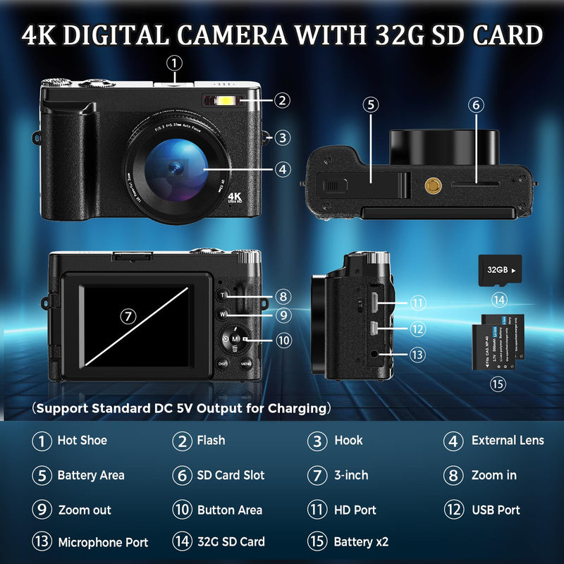 Digital Camera,4K UHD 48MP Autofocus Vlogging Camera for Youtube with 16X Digital Zoom,180° Flip screen Camera with 32G Card and UV lens,Compact Camera for Teenagers, Beginners,Adults