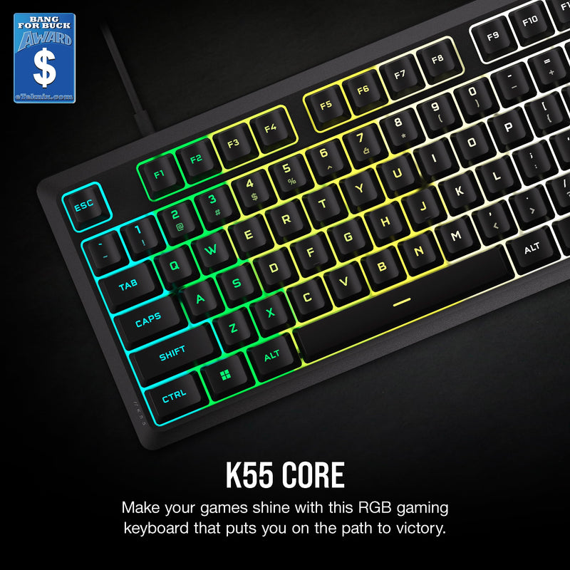 Corsair K55 CORE RGB Membrane Wired Gaming Keyboard – Quiet, Responsive Switches – Spill Resistance – Ten-Zone RGB – Media Keys – iCUE Compatible – QWERTY UK – PC, Mac – Black