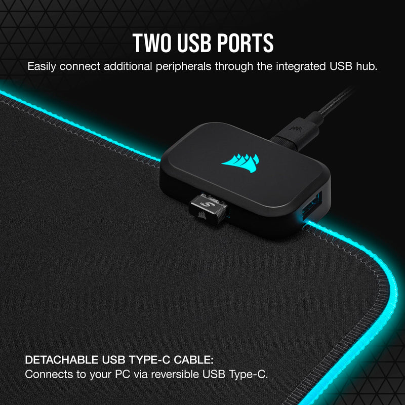 Corsair MM700 RGB Extended 3XL Cloth Gaming Mouse Pad - 1,220mm x 610mm (48” x 24”) - 360° RGB Lighting - Two USB Port Hub - Thick Rubber - Black