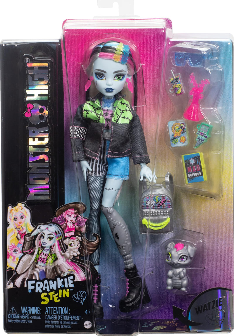 Monster High Frankie Stein Doll in Denim Jacket and Shorts, Includes Pet Dog Watzie and Accessories like a Backpack, Snack and Notebook, HXH73