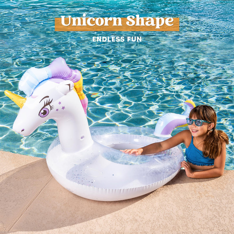 JOYIN Inflatable Unicorn Pool Float with Glitters, Tubes Floating, Fun Beach Floaties, Pool Toys, Summer Party Decorations for Kids (129x85x82 cm)