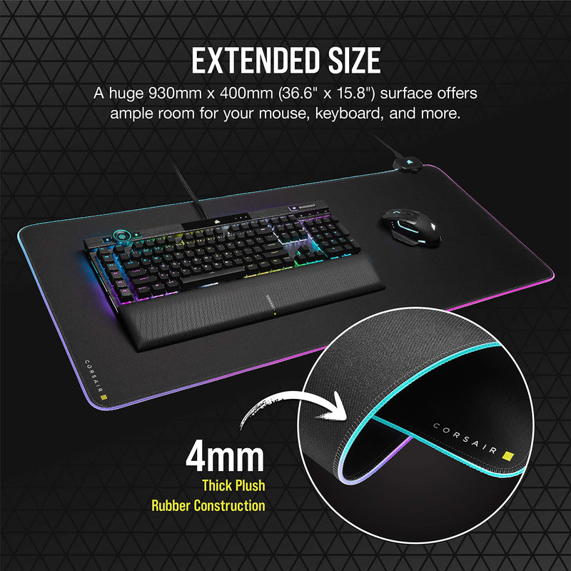 Corsair MM700 RGB Extended Cloth Gaming Mouse Pad - 930mm x 400mm - 360° RGB Lighting - Two USB Port Hub - Thick Rubber - Black