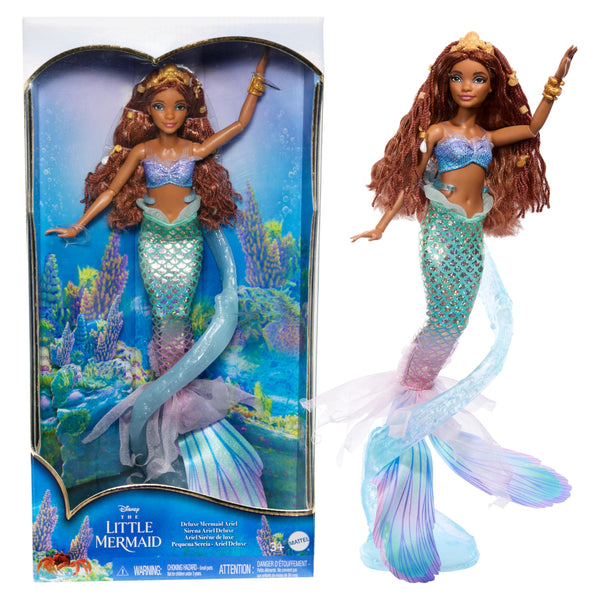 Mattel Disney The Little Mermaid Deluxe Mermaid Ariel Doll with Iridescent Tail, Hair Jewelry Beads, and Doll Stand, HNF42