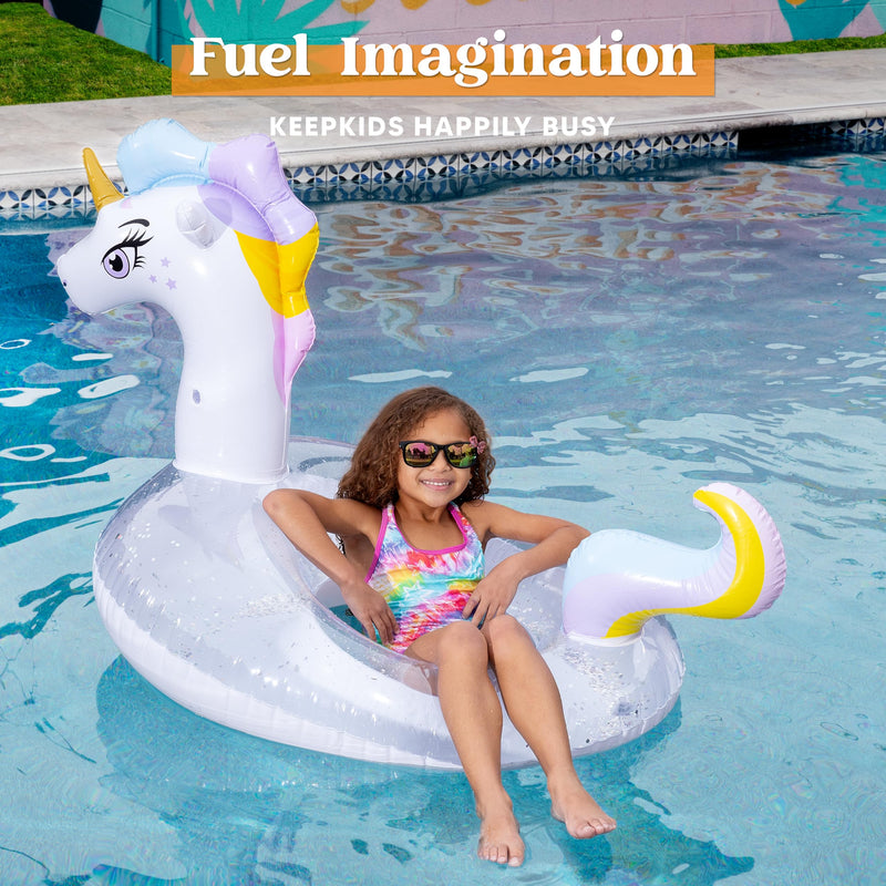 JOYIN Inflatable Unicorn Pool Float with Glitters, Tubes Floating, Fun Beach Floaties, Pool Toys, Summer Party Decorations for Kids (129x85x82 cm)