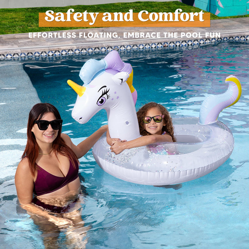 JOYIN Inflatable Unicorn Pool Float with Glitters, Tubes Floating, Fun Beach Floaties, Pool Toys, Summer Party Decorations for Kids (129x85x82 cm)