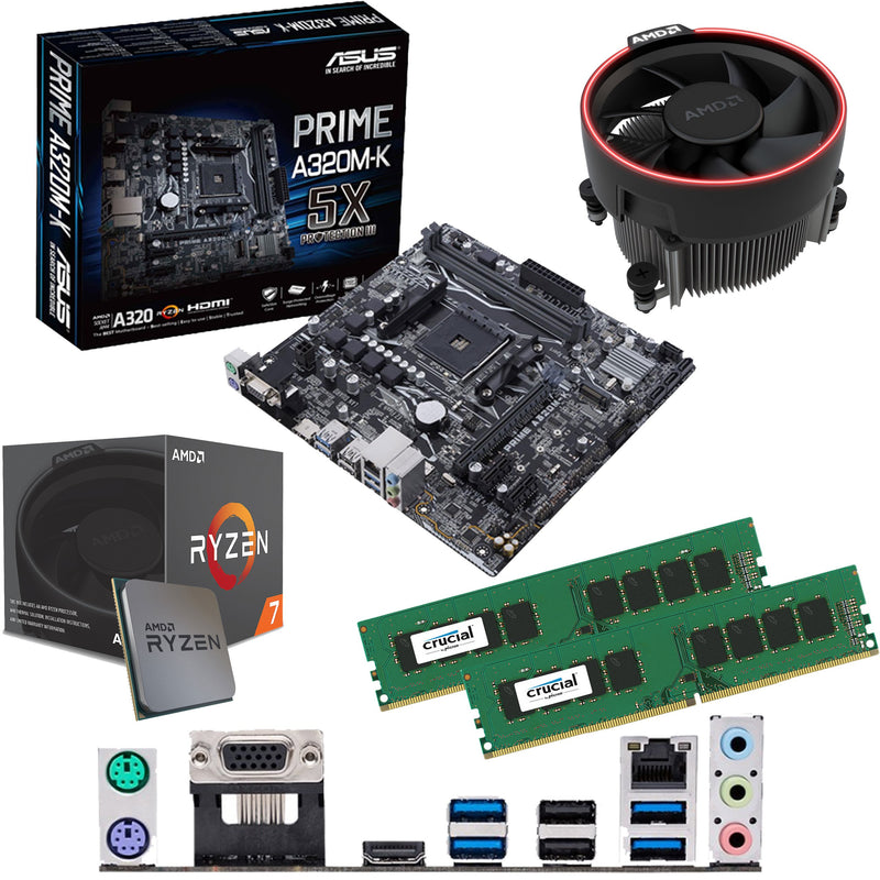 Components4All AMD Ryzen 7 2700 3.2GHz (Turbo 4.1GHz) Eight Core Sixteen Thread CPU, ASUS Prime A320M-K Motherboard & 16GB 3200Mhz Crucial DDR4 RAM Pre-Built Bundle