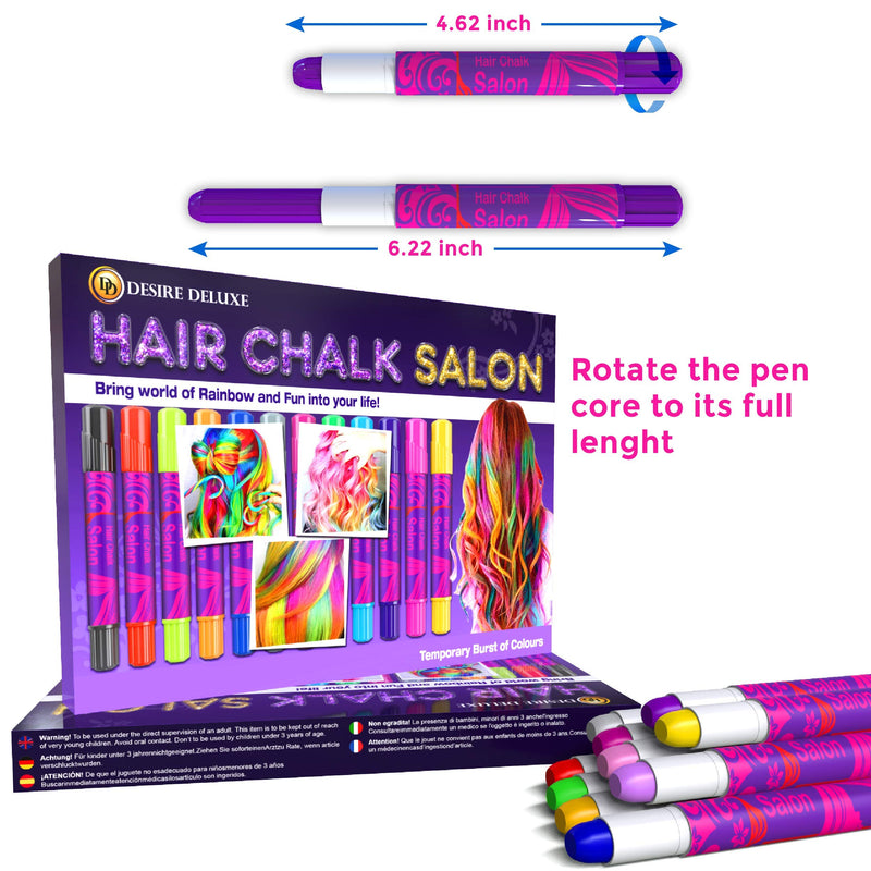 Desire Deluxe Hair Chalk Gift for Girls - 10 Temporary Non-Toxic Easy Washable Hair Dye Colourful, Metallic, Glitter Pens - Great Games Birthday Girls
