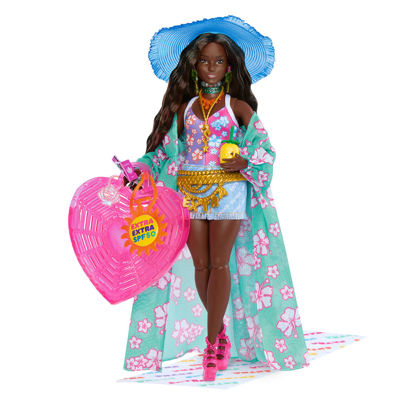 Travel Barbie Doll with Beach Fashion, Barbie Extra Fly, Hat and Tropical Coverup with Oversized Bag, HPB14