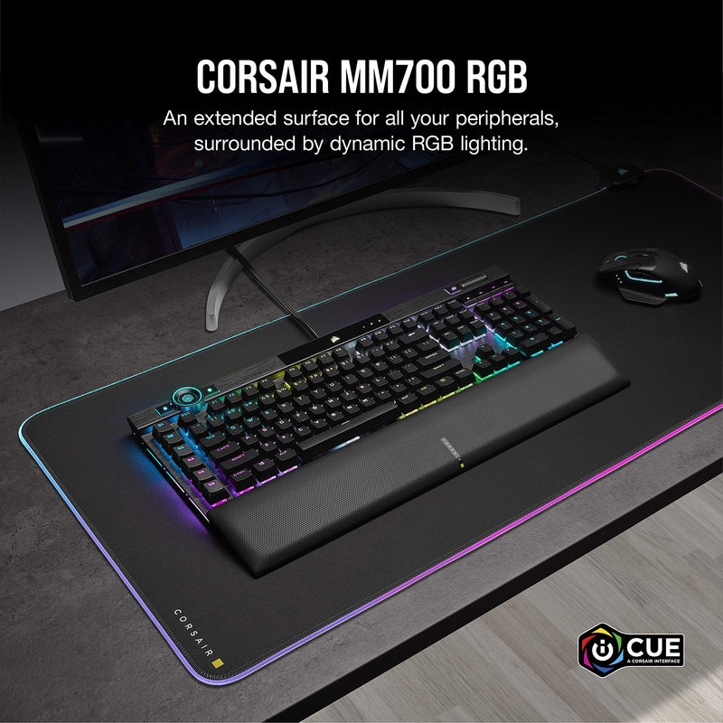 Corsair MM700 RGB Extended Cloth Gaming Mouse Pad - 930mm x 400mm - 360° RGB Lighting - Two USB Port Hub - Thick Rubber - Black