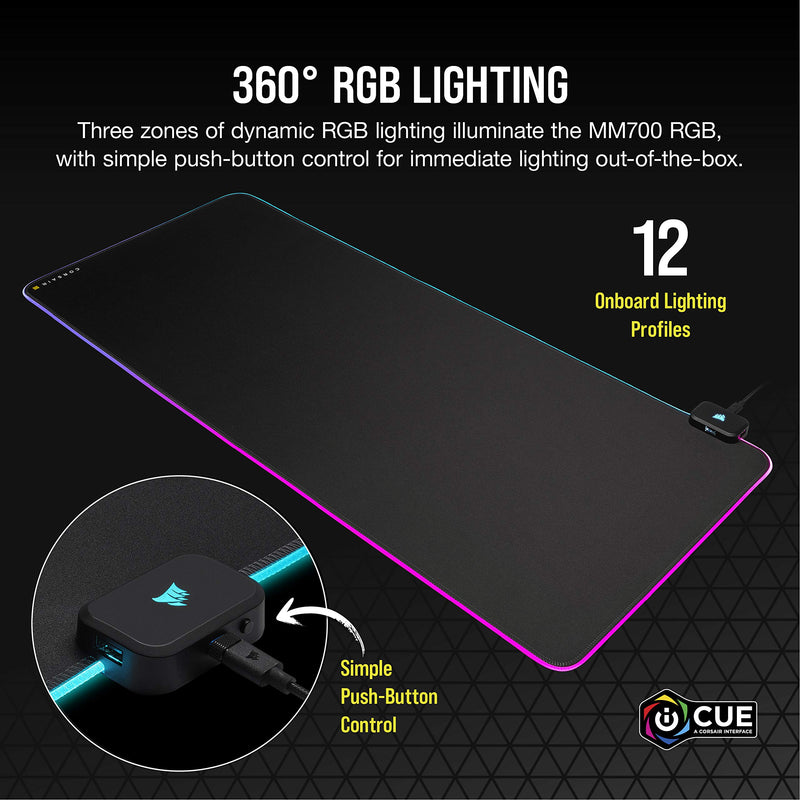 Corsair MM700 RGB Extended Cloth Gaming Mouse Pad - 930mm x 400mm - 360° RGB Lighting - Two USB Port Hub - Thick Rubber - Black