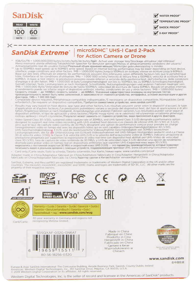 SanDisk Extreme 32 GB microSDhC Memory Card for Action Cameras and Drones with A1 App Performance up to 100 MB/s, Class 10, U3, V30 - Twin Pack