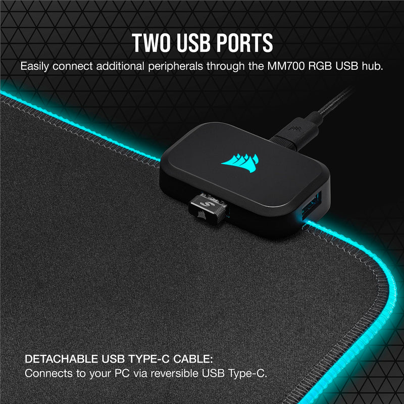 Corsair MM700 RGB Extended Cloth Gaming Mouse Pad - 930mm x 400mm - 360° RGB Lighting - Two USB Port Hub - Thick Rubber - Black