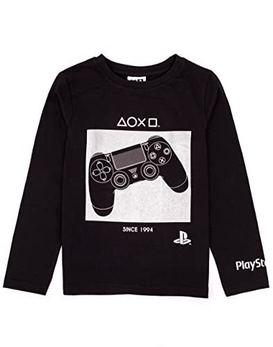 Playstation Pyjamas For Boys | Kids Black Long Sleeve T Shirt With Trousers Gamer PJs | Silver Console Controller Gamepad Merchandise 7-8 Years
