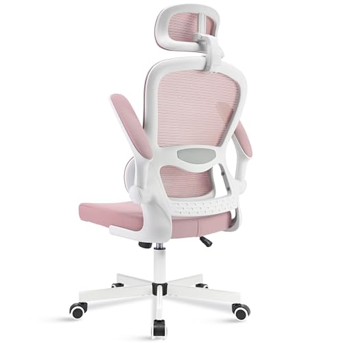 Bliswood Office Chair With Headrest, High Back Ergonomic Mesh Chair With 90° Flip-up Arm Swivel Computer Chair, Adjustable Height 360° Rotation Gaming Chair For Home Office (Pink)