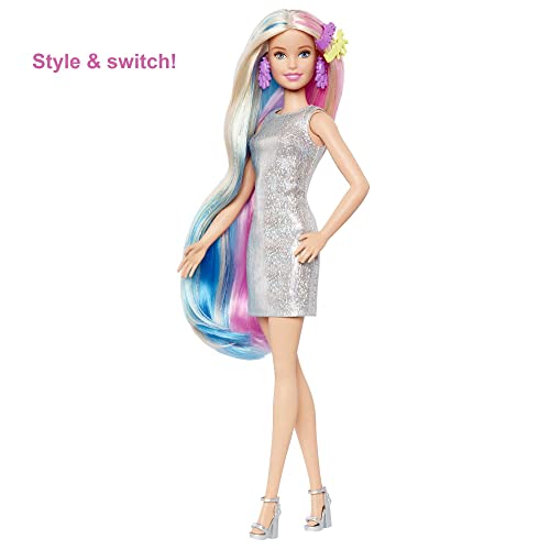 Barbie Fantasy Hair Doll, Barbie Doll with Colourful Blonde Hair, Unicorn Hair Crown and Mermaid Hair Crown, Doll Accessories, Toys for Ages 5 and Up, One Doll, GHN04