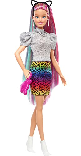 Barbie Leopard Rainbow Hair Doll (Blonde) with Color-change Hair Feature, 16 Hair & Fashion Play Accessories for Kids 3 to 7 Years Old, GRN81