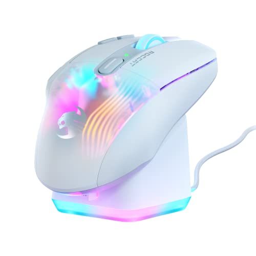 Roccat Kone XP Air – Wireless Gaming Mouse, 19K DPI Optical Sensor, 100h Battery, Charging Dock, AIMO RGB Lighting, White