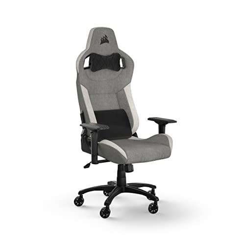 Corsair T3 RUSH Fabric Gaming Chair (2023) – Racing-Inspired Design – Soft Fabric Exterior – Padded Neck Cushion – Memory Foam Lumbar Support – Adjustable Seat Height – Grey & White