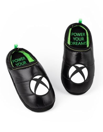 Xbox Slippers for Kids Teens | Boys Girls Game Console Logo House Shoes Merchandise Gifts for Him | Black Green Slip On Loafers 5 UK