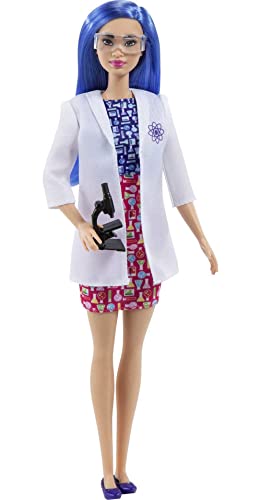 Barbie Scientist Doll (12 inches), Blue Hair, Color Block Dress, Lab Coat & Flats, Microscope Accessory, Great Gift for Ages 3+