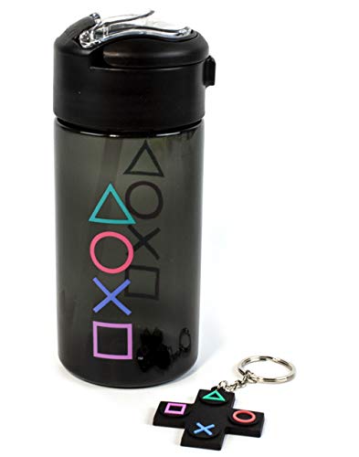 PlayStation Water Bottle & Keychain Gift For Adults & Kids | Gaming Sports Drink 18oz | Boy & Girl Gamer Present | Black Waterproof & Straw Drinking Cup