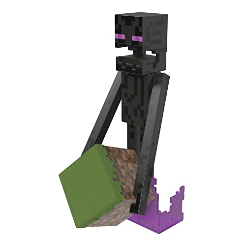 Minecraft Diamond Enderman Action Figure with Accessories Including Flocked Grass Block, 5.5-inch Toy Collectible, HLN40