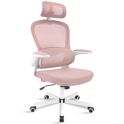 Bliswood Office Chair With Headrest, High Back Ergonomic Mesh Chair With 90° Flip-up Arm Swivel Computer Chair, Adjustable Height 360° Rotation Gaming Chair For Home Office (Pink)