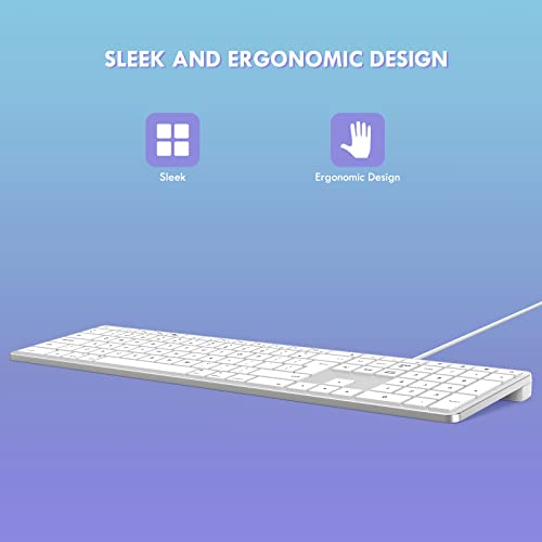 Seenda Wired Keyboard for Mac OS, Slim External Full-size Keyboard with Numeric Pad & USB A and Type C 2-in-1 Connector for Apple Mac, iMac, MacBook Pro/Air/Mini, UK Qwerty Layout - White and Silver