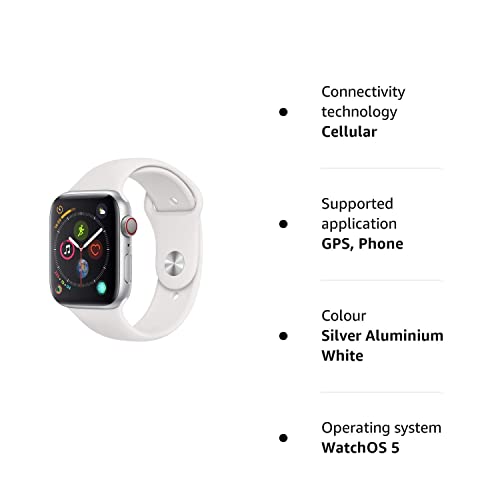 Apple Watch Series 4 44mm (GPS + Cellular) - Silver Aluminium Case with White Sport Band (Renewed)