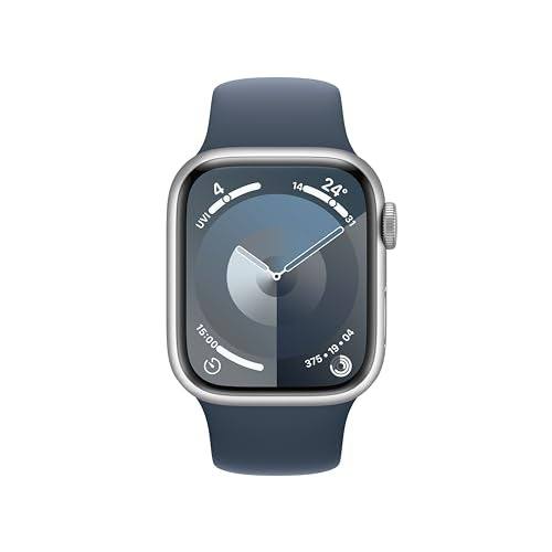 Apple Watch Series 9 [GPS 41mm] Smartwatch with Silver Aluminum Case with Storm Blue Sport Band S/M. Fitness Tracker, Blood Oxygen & ECG Apps, Always-On Retina Display, Water Resistant
