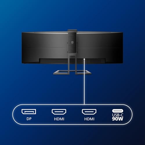 Philips 499P9H- 49 Inch Curved Dual QHD Monitor, 70Hz, 5ms, VA, WebCam, Speakers, USB-C Dock, KVM, Height Adjust (5120 x 1440, 450 cd/m², HDMI/DP 1.4/USB 3.1 / USB-C)