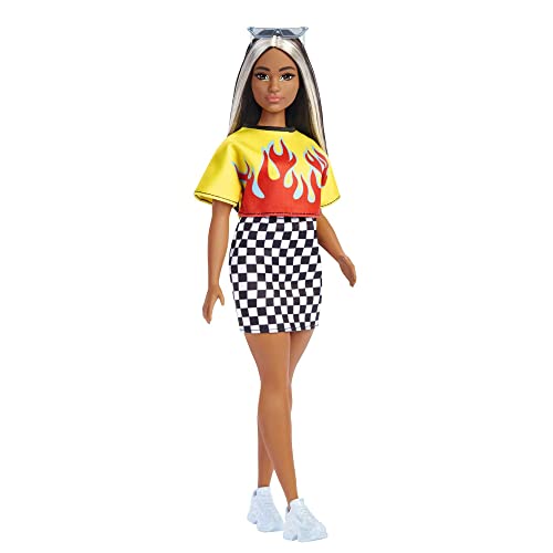 Barbie Fashionistas Doll #179, Curvy, Long Highlighted Hair & Flame Crop Top, Checkered Skirt, Sneakers & Sunglasses, Toy For Kids 3+