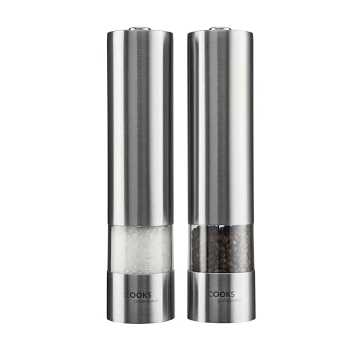 Cooks Professional Electric Automatic Salt & Pepper Mill Set with Adjustable Grinding, Easy to Refill, One Touch Button Condiment Grinder (Stainless Steel + Base)……